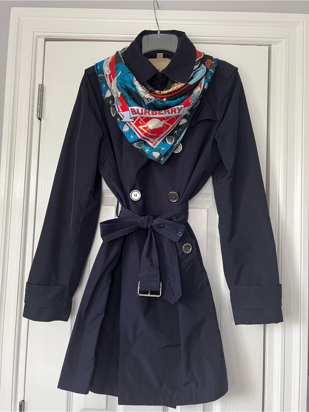 Authentic Burberry Brit Navy Balmoral Trench Coat with Hood, Size 10